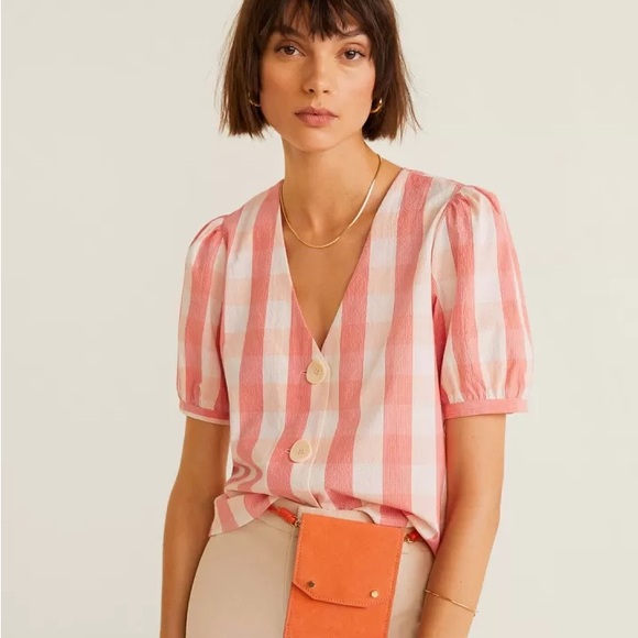 Mango Tops - MNG Striped Puff Sleeve Check Button Front Top Size 6/Medium